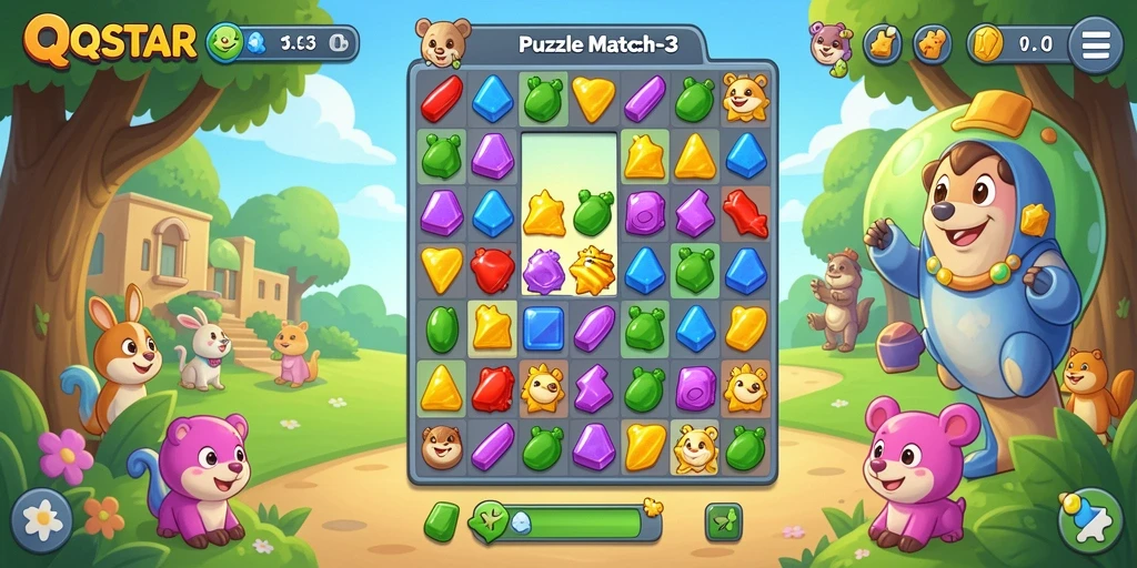 Antarmuka menarik dan fungsional dari QQSTAR dengan elemen Puzzle Match-3.